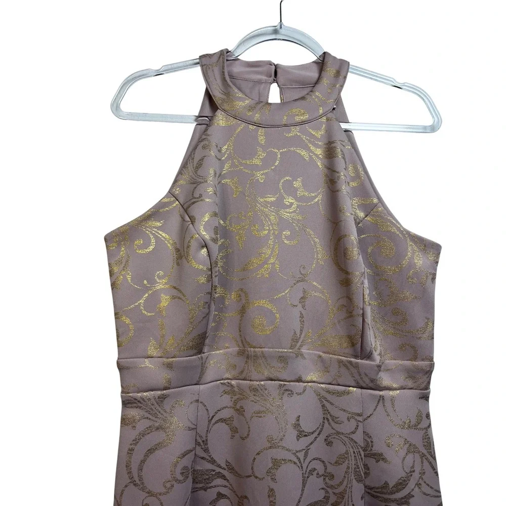 Enfocus Studio Mauve Gold Damask Halter High-Low Mermaid Gown Dress 10 - Picture 4 of 12
